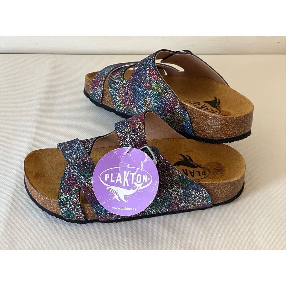 Plakton Leather Women's Flat Sandals Anatomic Flatforms Glitter Multi size 6 new